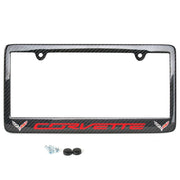 C7 Red Corvette script with w/Double Logo License Plate Frame - Carbon Fiber : C7 Stingray