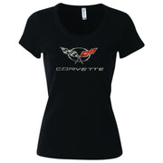 Corvette - Ladies Crossed Flags Rhinestone Scoop Neck Tee : C5 1997-2004