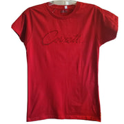 Corvette - Ladies Red Rhinestone Script Tee : C6 2005-13 (Large)