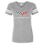 Corvette Ladies Logo Striped Tee Shirt - Heather Grey : C6 2005-2013