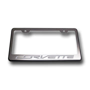 C7 Corvette Stingray License Plate Frame - Black w/Brushed Stainless Steel Overlay & Carbon Fiber "CORVETTE" Script