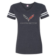Corvette Ladies Logo Striped Tee Shirt - Grey: C7