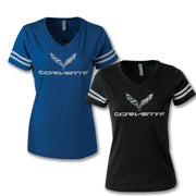 C7 Corvette Crossed Flags Ladies Football Jersey V-neck Tee - Blue/Smoke