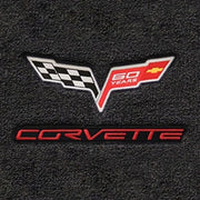 Corvette Lloyd Ultimat Floor Mats - 60th Anniversary in Cross Flags with Red Corvette Script : 2007.5-2013 C6, Z06, Grand Sport & ZR1- Ebony - Set of 2