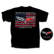 Corvette T-Shirt - "Born In The USA" w/ C6 Crossed Flags : Black