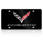 Corvette Crossed Flags with Corvette Script License Plate/Tags - Black Stainless Steel : C7 Stingray