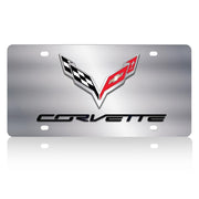 Corvette Crossed Flags with Corvette Script License Plate/Tags - Polished Stainless Steel : C7 Stingray
